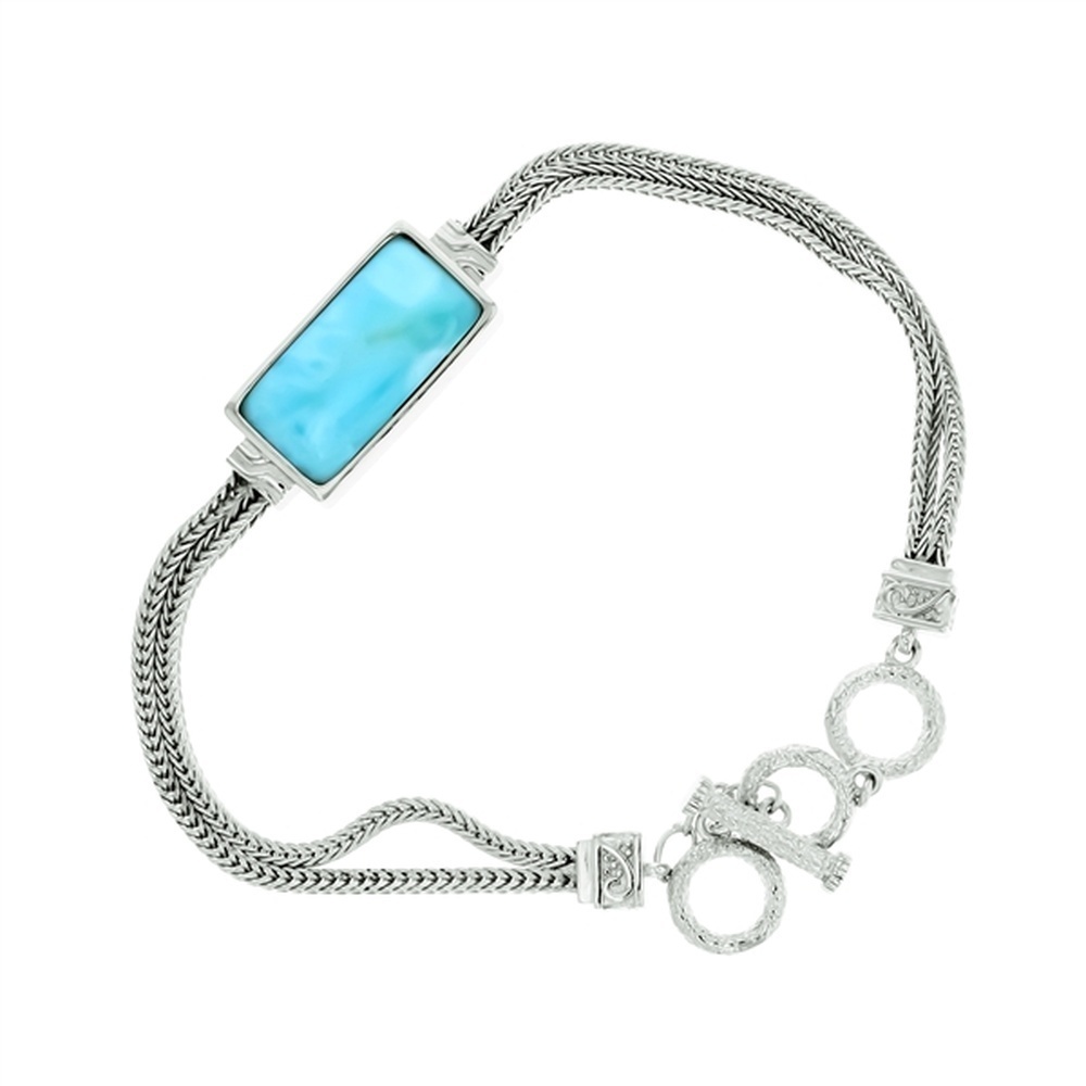 925 Sterling  Silver Larimar Rectangle Shape 2 Strand Toggle Bracelet